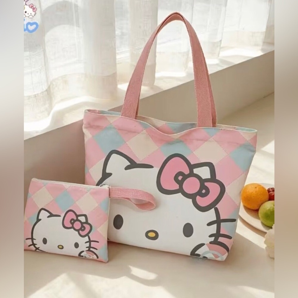 Sanrio Hello Kitty Pastel Pink Blue Plaid Tote with Wristlet